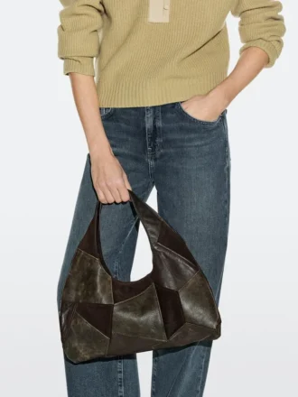 Bolso de cuero de gamuza de tamaño mediano con diseño de patchwork