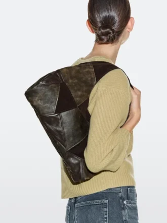 Bolso de cuero de gamuza de tamaño mediano con diseño de patchwork