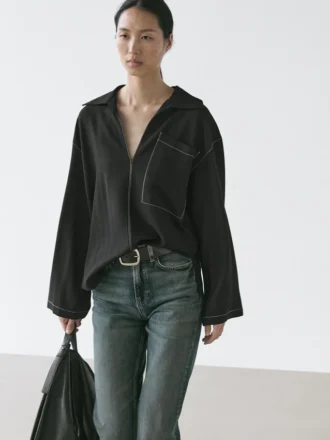 Camisa holgada de mezcla de lana con detalle de bolsillo