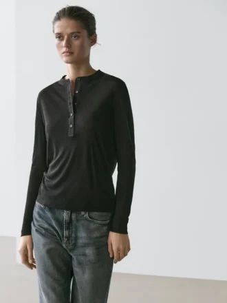 Camiseta de cuello Henley de mezcla de lana