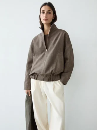 Chaqueta bomber de lino jaspeado con bufanda