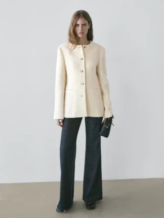 Chaqueta de mezcla de lana texturizada con botones de strass