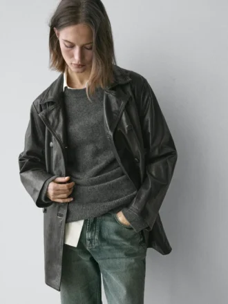 Chaqueta de piel napa con detalle de cinturón