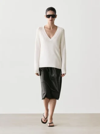 Falda midi de piel napa con detalle de encaje