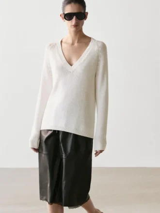 Falda midi de piel napa con detalle de encaje