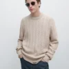 Jerséu de punto trenzado 100 % algodón con cuello redondo Jerséu de punto trenzado 100 % algodón con cuello redondo