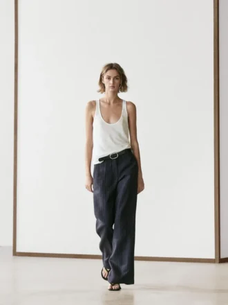 Pantalones de lino de pierna ancha con rayas finas