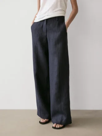 Pantalones de lino de pierna ancha con rayas finas