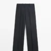Pantalones de lino de pierna ancha con rayas finas Pantalones de lino de pierna ancha con rayas finas