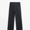 Pantalones de lino de pierna ancha con rayas finas Pantalones de lino de pierna ancha con rayas finas