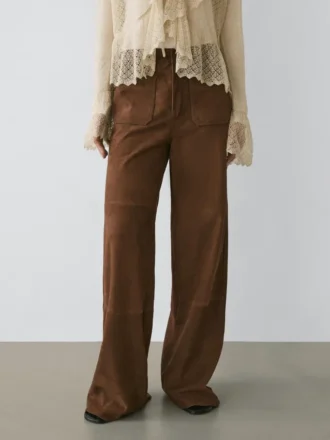 Pantalones de pierna ancha de piel de ante con bolsillos