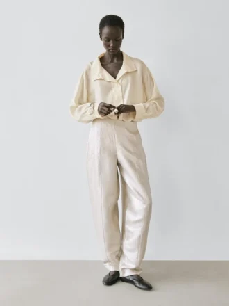 Pantalones fluidos de lino metalizado