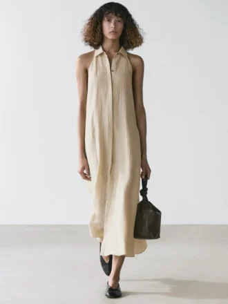 Vestido midi con cuello de polos de mezcla de lino