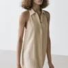 Vestido midi con cuello de polos de mezcla de lino Vestido midi con cuello de polos de mezcla de lino