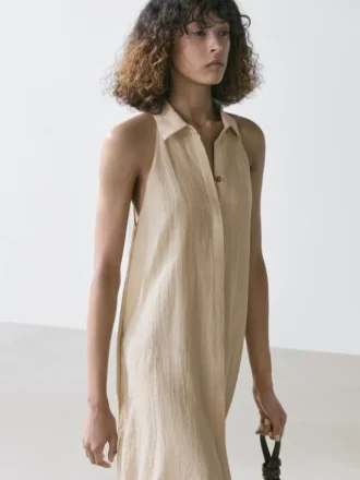 Vestido midi con cuello de polos de mezcla de lino