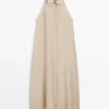 Vestido midi con cuello de polos de mezcla de lino Vestido midi con cuello de polos de mezcla de lino