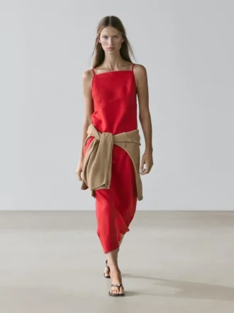 Vestido midi de lino con cuello recto