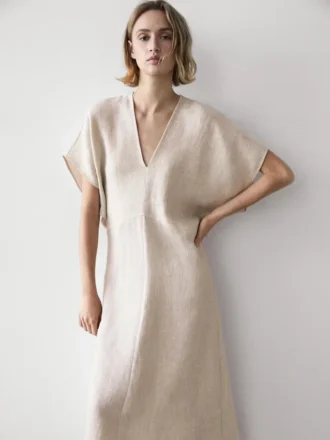 Vestido midi de lino ligero de manga corta