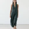 Vestido midi de mezcla de lino con escote en V Vestido midi de mezcla de lino con escote en V