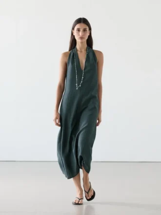 Vestido midi de mezcla de lino con escote en V
