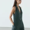 Vestido midi de mezcla de lino con escote en V Vestido midi de mezcla de lino con escote en V