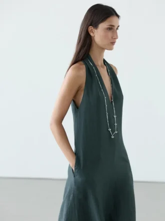 Vestido midi de mezcla de lino con escote en V