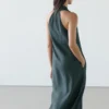 Vestido midi de mezcla de lino con escote en V Vestido midi de mezcla de lino con escote en V