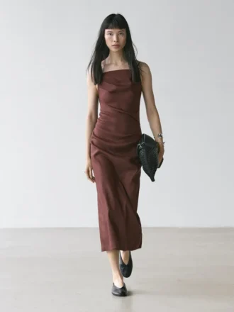 Vestido midi de mezcla de lino elástico con tirantes