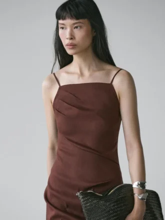 Vestido midi de mezcla de lino elástico con tirantes