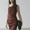 Vestido midi de mezcla de lino elástico con tirantes Vestido midi de mezcla de lino elástico con tirantes