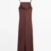 Vestido midi de mezcla de lino elástico con tirantes Vestido midi de mezcla de lino elástico con tirantes