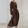 Vestido midi fluido de mezcla de lino con cinturón Vestido midi fluido de mezcla de lino con cinturón
